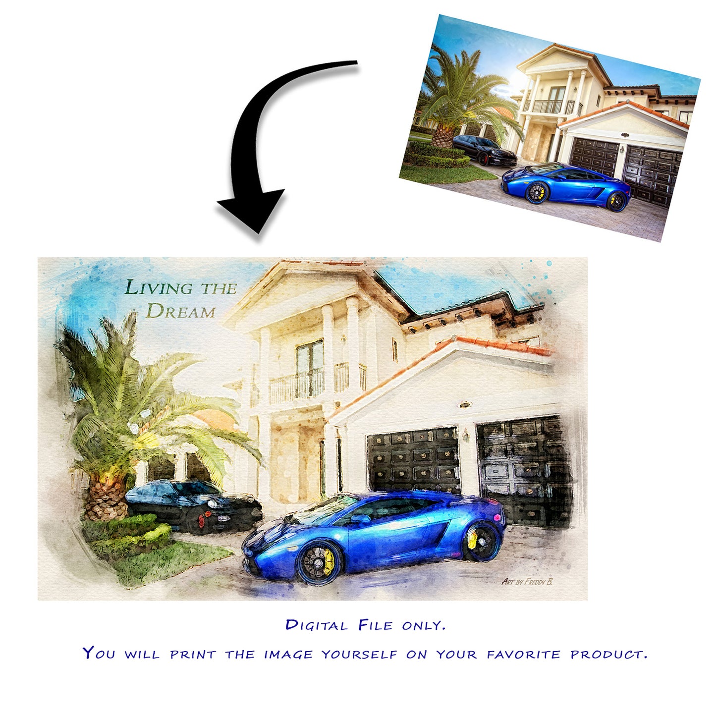 Personalized Watercolor Digital Print Only - You Print it yourself on your favorite item